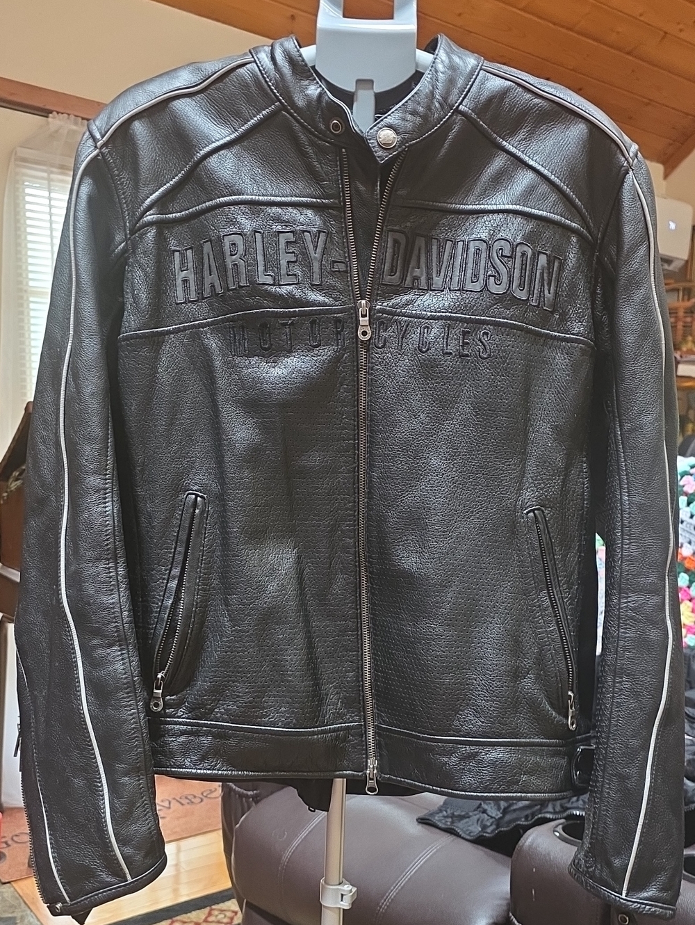 Harley-Davidson Black Leather Bomber Jacket with Subtle Piping-XL